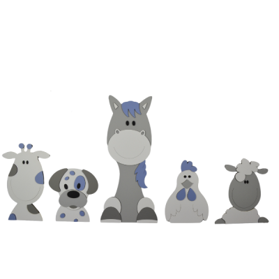 Boerderijdieren (5st.) koe-hond-paard-kip-schaap  - grijs met te kiezen kleur (100x50cm) - sterren optioneel